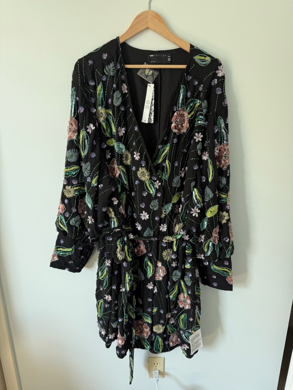 ASOS EDITION Curve floral sequin wrap mini dress in black